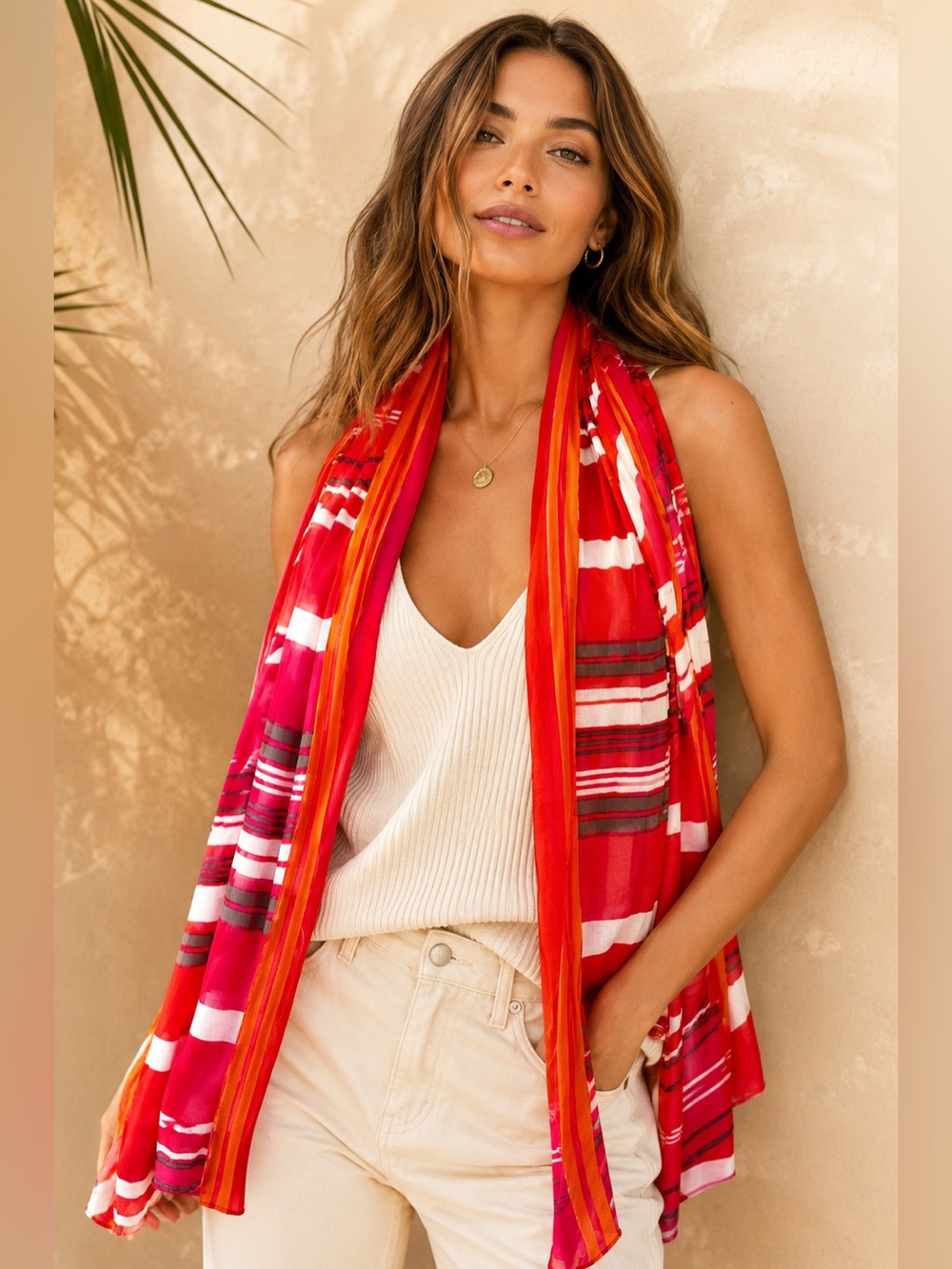 Banana Republic Stripe Fun Teaberry Red Orange Viscose Long Scarf NWT